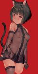  1girl animal_ears bare_shoulders black_dress black_hair breasts cat_ears cat_girl cat_tail commentary_request cowboy_shot detached_sleeves dress eyebrows_visible_through_hair highres looking_at_viewer magaeshi medium_breasts nipples original red_background red_eyes see-through see-through_sleeves short_hair simple_background solo tail 