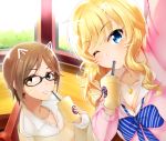  2girls aikawa_chinatsu animal_ears blonde_hair blue_bow blue_eyes blush bow breasts brown_hair cleavage collarbone commentary_request drinking_straw eyebrows_visible_through_hair facial_mark fake_animal_ears highres idolmaster idolmaster_cinderella_girls jewelry kon5283 large_breasts long_hair long_sleeves looking_at_viewer multiple_girls necklace one_eye_closed ootsuki_yui parted_lips pink_shirt shirt short_hair smile starbucks starbucks_siren sweater teeth wavy_hair white_shirt yellow_eyes 
