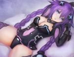  1girl blue_eyes blush braid breasts cleavage covered_navel from_behind hair_ornament leotard long_hair lying medium_breasts neptune_(series) on_back open_mouth power_symbol purple_hair purple_heart solo spread_legs suterisu symbol-shaped_pupils thighhighs twin_braids very_long_hair 