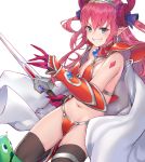  1girl absurdres armor bare_shoulders bikini_armor black_cola black_legwear blue_eyes breasts cape cleavage earrings elizabeth_bathory_(brave)_(fate) elizabeth_bathory_(fate) elizabeth_bathory_(fate)_(all) fate/grand_order fate_(series) floating_hair gauntlets grin highres holding holding_sword holding_weapon horns jewelry leg_up long_hair looking_at_viewer loose_clothes medium_breasts navel pink_hair pointy_ears shoulder_armor sidelocks simple_background smile stomach sword teeth thighhighs thighs two_side_up v-shaped_eyebrows weapon white_background 