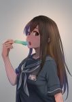  1girl akagi_(kantai_collection) blue_shirt brown_eyes brown_hair commentary_request food from_side grey_background h_k_white highres holding holding_food kantai_collection long_hair looking_at_viewer neckerchief open_mouth popsicle school_uniform serafuku shirt short_sleeves solo straight_hair upper_body white_neckwear 