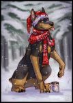  canid canine canis christmas clothing cup dobermann domestic_dog feral foxinjacket hat headgear headwear holidays mammal pinscher snow solo tongue tongue_out 