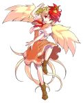  1girl alphes_(style) animal animal_on_head bird bird_tail blonde_hair boots brown_footwear chick commentary_request dairi dress eyebrows_visible_through_hair feathered_wings fighting_stance full_body highres looking_at_viewer multicolored_hair niwatari_kutaka on_head open_mouth orange_dress parody puffy_short_sleeves puffy_sleeves red_eyes red_hair red_neckwear shirt short_hair short_sleeves smile solo standing standing_on_one_leg style_parody tachi-e touhou transparent_background two-tone_hair white_shirt wings 