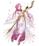  1girl :d alternate_costume cherry_blossoms code_geass crossover euphemia_li_britannia floral_print holding holding_staff japanese_clothes ji_no kimono long_hair looking_at_viewer official_art open_mouth petals pink_eyes pink_hair sandals sinoalice smile staff transparent_background wide_sleeves 