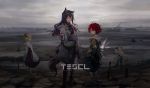  4girls ahoge animal animal_ears arknights armpits bangs bird black_bow black_footwear black_gloves black_hair black_legwear black_shirt black_skirt boots bow brown_eyes brown_hair character_request cloud cloudy_sky commentary_request exusiai_(arknights) eyebrows_visible_through_hair gloves green_coat grey_shirt hair_between_eyes hair_bow halo huanxiang_heitu jacket long_hair long_sleeves multicolored_hair multiple_girls open_clothes open_jacket outdoors overcast pantyhose pleated_skirt red_hair shirt short_shorts shorts skirt sky sleeves_past_fingers sleeves_past_wrists sora_(arknights) texas_(arknights) twintails two-tone_hair very_long_hair white_footwear white_jacket white_legwear white_shirt white_shorts wide_sleeves 