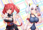  2girls absurdres animal_ear_fluff animal_ears azur_lane bangs bare_shoulders black_choker black_dress black_skirt blue_eyes blue_swimsuit blush breasts cat_ears choker claw_pose cleavage cleavage_cutout collarbone commentary_request cosplay costume_switch cowboy_shot crossover dress eyebrows_visible_through_hair fake_animal_ears fang hair_between_eyes hairstyle_connection high_collar highres i-19_(azur_lane) jacket jacket_over_swimsuit kaguya_luna large_breasts looking_at_viewer multiple_girls obi off_shoulder one-piece_swimsuit open_mouth red_eyes red_hair ribbon sash school_swimsuit short_hair short_twintails sidelocks silver_hair skirt sleeveless smile standing swimsuit the_moon_studio twintails v virtual_youtuber watchdog_rol_(y1104280730) wrist_ribbon 