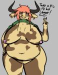  absurd_res big_breasts bite bovid bovine breasts cattle clothing dialogue exposed female hair hi_res invalid_tag mammal navel nipples olivia_(scapegoatjpg) overweight piercing pussy scapegoatjpg shirt sketch slightly_chubby texas_longhorn thick_thighs topwear 