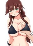  1boy 1girl alumina1863 bikini black_bikini blush braid breasts brown_hair cleavage collarbone elbow_gloves gloves green_eyes hair_tie hand_on_another&#039;s_arm hand_on_another&#039;s_chest hand_under_clothes kantai_collection large_breasts long_hair looking_at_viewer navel noshiro_(kantai_collection) open_mouth pov pov_hands sidelocks simple_background solo_focus swimsuit twin_braids upper_body white_background white_gloves 