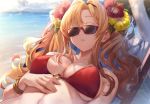  1girl bangs bare_shoulders beach beach_chair bikini blonde_hair bracelet breasts cleavage closed_eyes collarbone flower granblue_fantasy hair_flower hair_intakes hair_ornament hairband hibiscus jewelry large_breasts long_hair looking_at_viewer navel o-ring parted_lips red_bikini sleeping sola_(solo0730) solo sunglasses sunlight swimsuit twintails zeta_(granblue_fantasy) 