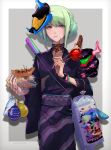  bag bagged_fish candy_apple chocolate_banana choker earrings eating fish food green_hair highres holding holding_food japanese_clothes jewelry kimono lio_fotia male_focus mask mask_on_head print_kimono promare purple_eyes shibabablue spiked_choker spikes takoyaki 