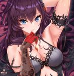  1girl armlet babydoll bangs bare_shoulders blue_eyes blush breasts brown_hair cleavage closed_mouth elbow_gloves gloves hair_between_eyes hair_ornament highres ichinose_shiki idolmaster idolmaster_cinderella_girls infinote jewelry long_hair looking_at_viewer medium_breasts smile solo stenciled_rose thorns wavy_hair 