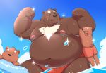  12beat13 2017 anthro belly blush bottomwear brown_fur butt clothing cub cute_fangs eyes_closed fur group humanoid_hands male mammal moobs navel nipples overweight overweight_male shorts underwear ursid water wet young 