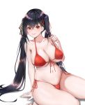  1girl arm_support azur_lane bangs barefoot bikini black_hair breasts collarbone crossed_bangs eyebrows_visible_through_hair feet front-tie_bikini front-tie_top groin hair_between_eyes hair_ribbon hand_up highres hong_jo large_breasts lifted_by_self long_hair looking_at_viewer naughty_face navel pink_nails red_bikini red_eyes red_ribbon ribbon shiny shiny_hair shiny_skin side-tie_bikini simple_background sitting skindentation smile strap_lift striped striped_ribbon swimsuit taihou_(azur_lane) tareme thighs twintails underboob very_long_hair wariza white_background 