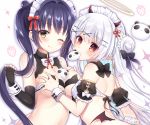  2girls blue_hair blush bow braids breast_grab breast_hold chihiro_(khorosho) chinese_clothes choker cropped elbow_gloves food gloves halo headdress horns long_hair maid original pointed_ears red_eyes twintails waifu2x white_hair wings wink wristwear yellow_eyes 