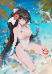  1girl animal_ears azur_lane backless_outfit beach black_hair breasts cleavage cleavage_cutout closed_mouth collarbone commentary_request day dog_ears flower hair_flower hair_ornament hair_ribbon halterneck head_tilt lming_(2072878058) long_hair looking_at_viewer navel one-piece_swimsuit outdoors palm_leaf parfait ribbon sand sitting smile solo swimsuit takao_(azur_lane) takao_(beach_rhapsody)_(azur_lane) very_long_hair wariza water white_ribbon white_swimsuit yellow_eyes 