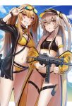  0_0 2girls ass_visible_through_thighs bikini black_bikini blush breasts brown_hair choker collarbone dakunesu feet_out_of_frame girls_frontline goggles goggles_on_head gun highres holster jacket long_hair medium_breasts multiple_girls navel scar scar_across_eye small_breasts smile submachine_gun swimsuit thigh_holster thighs twintails ump45_(girls_frontline) ump9_(girls_frontline) very_long_hair visor_cap weapon wristband yellow_bikini 