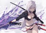  1girl ahoge bikini black_bikini black_choker black_gloves black_jacket breasts choker cleavage closed_mouth commentary_request cropped_jacket fate/grand_order fate_(series) gloves jacket jeanne_d&#039;arc_(alter_swimsuit_berserker) jeanne_d&#039;arc_(fate)_(all) katana kodamazon large_breasts long_hair multicolored multicolored_background navel o-ring o-ring_bikini o-ring_bottom o-ring_top shrug_(clothing) silver_hair swimsuit sword thigh_strap very_long_hair weapon white_hair yellow_eyes 