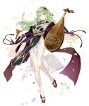  1girl alternate_costume c.c. code_geass crossover expressionless green_hair hair_ornament instrument instrument_request japanese_clothes ji_no kimono looking_at_viewer official_art petals sandals sinoalice transparent_background wide_sleeves yellow_eyes 