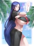  1girl absurdres bangs beach black_sailor_collar black_serafuku black_shirt black_skirt blue_sky blush breasts clothes_lift covered_nipples crop_top fate/grand_order fate_(series) highres large_breasts long_hair long_skirt looking_at_viewer minamoto_no_raikou_(fate) minamoto_no_raikou_(swimsuit_lancer)_(fate) mogudan navel neckerchief ocean palm_tree parted_bangs purple_eyes purple_hair red_neckerchief sailor_collar school_uniform serafuku shirt shirt_lift short_sleeves skirt sky solo speech_bubble thighs translated tree underboob very_long_hair 