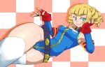  1girl belt blonde_hair blue_eyes blue_leotard blush breasts closed_mouth commentary_request cosplay fingerless_gloves gloves graphite_(medium) gundam gundam_build_fighters gundam_card_builder highleg highleg_leotard leotard looking_at_viewer medium_hair millipen_(medium) onnaski smile solo thick_thighs thighhighs thighs traditional_media white_legwear yajima_caroline 