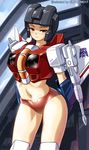  blush decepticon helmet jilpoong17 mecha_musume navel personification red_eyes science_fiction solo starscream thighhighs transformers 