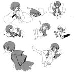  1girl barefoot breasts chibi feet gin_(oyoyo) greyscale medium_breasts monochrome narukami_yuu persona persona_4 shirogane_naoto 