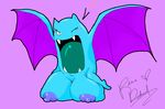  &lt;3 bat big_breasts blue_skin blush breasts fangs female golbat huge_breasts mammal nintendo nipples one_eye_closed open_mouth pink_background plain_background pok&#233;mon pokemon revadiehard signature teeth video_games wings wink 