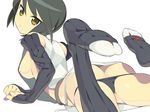  areolae ass bangs black_hair black_panties breasts brown_eyes elbow_gloves eyebrows eyebrows_visible_through_hair feet gloves hair_between_eyes itsumo_nokoru kuroe_ayaka large_breasts looking_back lying medium_breasts nipple_slip nipples no_bra on_stomach panties panty_pull short_hair simple_background solo strike_witches underwear white_background world_witches_series 