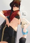  2girls ahoge ass bangs bare_shoulders black_bow black_hair black_headwear black_pants black_shorts blonde_hair blush bow breasts closed_mouth family_crest fate/grand_order fate_(series) grey_background hair_between_eyes hair_bow half_updo hat highres koha-ace long_hair looking_at_viewer medium_breasts military_hat mossi multiple_girls navel oda_nobunaga_(fate) oda_uri okita_souji_(fate) okita_souji_(fate)_(all) open_mouth pants peaked_cap red_eyes red_shirt shirt shirt_lift short_hair short_sleeves shorts small_breasts smile sports_bra t-shirt very_long_hair yellow_eyes yoga_pants 