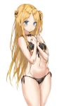  1girl abigail_williams_(fate/grand_order) bangs bare_shoulders bikini black_bikini black_bow blonde_hair blue_eyes blush bow breasts collarbone fate/grand_order fate_(series) forehead highres long_hair looking_at_viewer navel one_side_up open_mouth orange_bow parted_bangs pixel_(yuxian) polka_dot polka_dot_bikini polka_dot_bow side-tie_bikini simple_background small_breasts solo swimsuit thighs white_background 