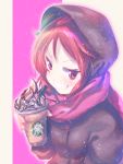  1girl black_coat blush brand_name_imitation chocolate_syrup commentary_request drink drinking_straw grin highres holding holding_drink hood hooded_jacket jacket kemurikusa looking_at_viewer pink_eyes pink_scarf red_hair riku_(kemurikusa) ritsu_(kemurikusa) scarf smile solo starbucks upper_body usapenpen2019 v-shaped_eyebrows whipped_cream 