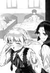  1boy 4girls arisa_(death_march) blush braid closed_eyes collared_shirt crown_braid crying death_march_kara_hajimaru_isekai_kyousoukyoku floating_hair greyscale grin hair_intakes highres long_hair long_sleeves lulu_(death_march) lying martha_(death_march) monochrome multiple_girls neck_ribbon novel_illustration official_art on_bed on_side ribbon shirt short_sleeves shri sleeping smile suzuki_ichirou tears topless under_covers wavy_mouth wing_collar zena_marientail 