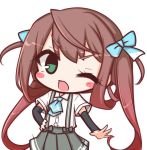  1girl ;d arm_warmers asagumo_(kantai_collection) blue_bow blush_stickers bow brown_hair chibi collared_shirt commentary_request dress_shirt green_eyes grey_bow grey_skirt hair_bow hair_rings hand_on_hip kantai_collection komakoma_(magicaltale) one_eye_closed open_mouth pleated_skirt shirt short_sleeves sidelocks simple_background skirt smile solo suspender_skirt suspenders twintails white_background white_shirt 