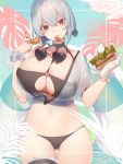  1girl artist_request ass_visible_through_thighs azur_lane bangs bikini black_bikini blush breasts choker cleavage collarbone eating eyebrows_visible_through_hair food hair_between_eyes hands_up head_tilt heart heart-shaped_eyewear highres holding holding_food huge_breasts looking_at_viewer navel o-ring o-ring_top off_shoulder red_eyes sandwich scrunchie sheer_clothes short_hair short_twintails shrimp shrimp_tempura silver_hair sirius_(azur_lane) sirius_(midsummer_seirios)_(azur_lane) solo sunglasses swimsuit tempura thigh_gap thigh_strap twintails white_scrunchie wrist_scrunchie 