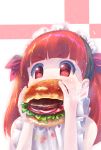  1girl bangs blunt_bangs blush bonnet bow commentary_request eyebrows_visible_through_hair food food_on_clothes hair_bow hamburger highres holding holding_food kemurikusa lettuce onion red_bow red_eyes red_hair rina_(kemurikusa) solo tomato twintails upper_body usapenpen2019 v-shaped_eyebrows 