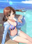  1girl bangs bikini bikini_under_clothes blue_bikini blue_sky blush breasts brown_eyes brown_hair cleavage cloud cloudy_sky collarbone commentary_request day denim denim_shorts eyebrows_visible_through_hair floral_print food from_above highres holding holding_food hood hoodie horizon idolmaster idolmaster_cinderella_girls long_hair looking_at_viewer medium_breasts natsuya navel nitta_minami ocean open_clothes open_fly open_hoodie open_shorts outdoors ponytail popsicle short_shorts shorts sitting sky smile solo swimsuit tongue tongue_out unbuttoned water 