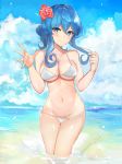  1girl bangs bikini blue_eyes blue_hair blush breasts cloud day eriyama_(user_csua4255) eyebrows_visible_through_hair flower gotland_(kantai_collection) groin hair_bun hair_flower hair_ornament hibiscus highres hip_bones kantai_collection long_hair mole mole_under_eye navel ocean outdoors red_flower sky smile solo sparkle standing swimsuit water waving white_bikini 