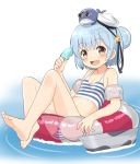  1girl ahenn animal bangs bikini black_ribbon blue_hair blush brown_eyes dixie_cup_hat double_bun eyebrows_visible_through_hair fang flat_chest floating food full_body hat holding innertube kantai_collection little_blue_whale_(kantai_collection) military_hat mini_hat open_mouth popsicle ribbon samuel_b._roberts_(kantai_collection) solo star striped striped_bikini swimsuit water whale 