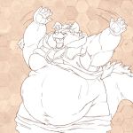  1:1 behemoth_(housamo) belly clothed clothing hijirinoyuta hoodie horn male monster moobs navel overweight pants_down partially_clothed pawpads tokyo_afterschool_summoners topwear video_games 