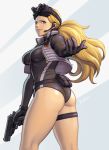  1girl alternate_costume ass beckoning belt_pouch black_gloves black_leotard blonde_hair blue_eyes breasts character_name closed_mouth commentary_request from_behind gloves goggles goggles_on_head grey_background grey_vest gun handgun headset holding holding_gun holding_weapon holster kolin leotard lips long_hair long_sleeves looking_at_viewer looking_back low_ponytail medium_breasts night_vision_device noppo_(tarstation) nose open_clothes open_vest outstretched_arm pistol pouch reaching_out skin_tight smile solo standing street_fighter street_fighter_v thigh_holster thighs trigger_discipline twisted_torso unzipped vest weapon 