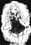  1girl arisa_(death_march) bangs black_neckwear chain collar collarbone cuffs death_march_kara_hajimaru_isekai_kyousoukyoku dress floating_hair greyscale grin handcuffs highres long_hair looking_at_viewer monochrome novel_illustration official_art short_dress short_sleeves shoulder_cutout shri smile solo standing swept_bangs very_long_hair 