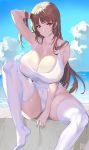  1girl arm_up bangs bare_shoulders beach blush breasts brown_eyes brown_hair cleavage closed_mouth collarbone damda hand_in_hair huge_breasts knee_up legs long_hair looking_at_viewer original sitting solo sunlight swimsuit thighs white_legwear white_swimsuit 