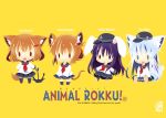  4girls :d akatsuki_(kantai_collection) anchor_symbol animal_ears black_legwear blue_eyes brown_eyes brown_hair bunny_ears bunny_tail chibi commentary_request dog_ears dog_tail flat_cap folded_ponytail fox_ears fox_tail full_body furry hair_ornament hairclip hat hibiki_(kantai_collection) highres holding_anchor ikazuchi_(kantai_collection) inazuma_(kantai_collection) kantai_collection long_hair mouse_ears mouse_tail multiple_girls nagomi_tozakura neckerchief open_mouth purple_eyes purple_hair red_neckwear school_uniform serafuku short_hair silver_hair simple_background smile tail thighhighs yellow_background |_| 