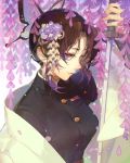  1girl belt black_hair black_jacket bug butterfly butterfly_hair_ornament closed_mouth hair_ornament haori insect jacket japanese_clothes kimetsu_no_yaiba kochou_shinobu long_sleeves looking_at_viewer moe purple_eyes short_hair smile solo songjikyo sword uniform weapon 