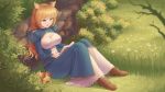  1girl absurdres animal_ear_fluff animal_ears artoria_pendragon_(all) awan0918 bangs blonde_hair blue_dress book braid breasts brown_footwear cat_ears cleavage cleavage_cutout cosplay crown_braid crown_removed day dress eyebrows_visible_through_hair fate/stay_night fate_(series) full_body green_eyes grey_legwear highres holding long_dress long_hair medium_breasts open_book open_mouth outdoors reading saber saber_(cosplay) sitting socks solo 