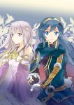  2girls black_gloves blue_eyes blue_hair closed_mouth dress fingerless_gloves fire_emblem fire_emblem:_genealogy_of_the_holy_war fire_emblem_awakening fire_emblem_heroes gloves highres hukashin julia_(fire_emblem) long_hair long_sleeves lucina multiple_girls purple_eyes purple_hair smile tiara 