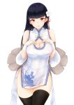  1girl absurdres azur_lane black_hair black_legwear breasts china_dress chinese_clothes cleavage cleavage_cutout cowboy_shot detached_sleeves dress eyebrows_visible_through_hair fingerless_gloves flower frilled_sleeves frills gloves hair_flower hair_ornament hands_on_own_chest highres large_breasts long_hair looking_at_viewer realman red_eyes short_dress side_slit simple_background smile solo straight_hair thighhighs thighs white_background white_dress white_gloves wide_sleeves yat_sen_(azur_lane) 