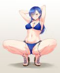  1girl absurdres arms_behind_head ass bikini blue_bikini blue_hair blush breasts commentary_request eyebrows_visible_through_hair full_body green_eyes hair_ornament highres large_breasts long_hair maria_traydor mo3hig3 navel simple_background smile solo squatting star_ocean star_ocean_anamnesis swimsuit white_background 