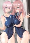  2girls :o ass asymmetrical_docking bangs bare_arms bare_shoulders blue_eyes blue_swimsuit blush breast_press breasts brown_hair cleavage collarbone cowboy_shot eyebrows_visible_through_hair go-toubun_no_hanayome hair_between_eyes headphones headphones_around_neck highres hug large_breasts long_hair looking_at_another looking_at_viewer medium_breasts multiple_girls murikajin nakano_ichika nakano_miku navel nipples one-piece_swimsuit open_mouth pink_hair school_swimsuit shiny short_hair smile swimsuit wet 