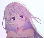  1girl bare_shoulders collarbone commentary_request eyebrows_visible_through_hair face highres long_hair looking_at_viewer nagisa_(cxcx5235) off_shoulder original pink_hair purple_eyes simple_background smile solo white_background 